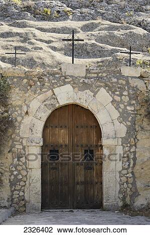 Stock Image - Spain, Castile La Mancha, Shrine overlooking Monastary of Ascles; Provincia de Cuenca. Fotosearch
