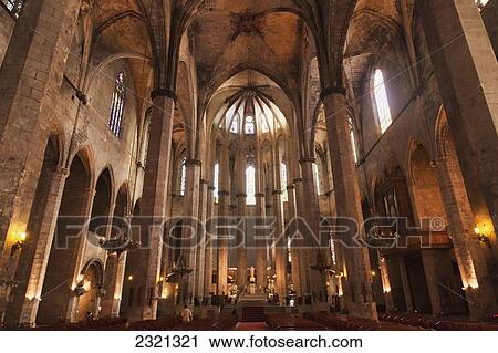 Stock Image - Spain, Catalonia, Barcelona, Nave of Basilica Santa Maria del Mar. Fotosearch
