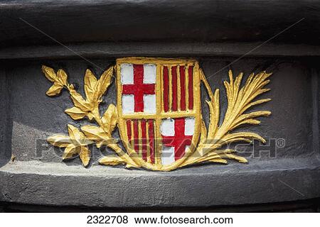 Stock Photo - Spain, City coat of arms in Font de Canaletes in La Rambla; Barcelona. Fotosearch