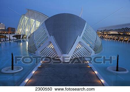 Stock Image - Spain, Ciudad de las Artes y las Ciencias at dusk; Valencia, IMAX cinema. Fotosearch