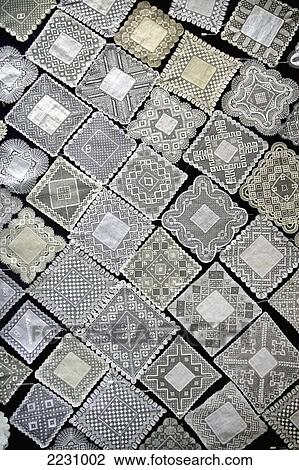 Stock Image - Spain, Galicia, Rias Altas, Lace Work For Sale; Camarinas. Fotosearch