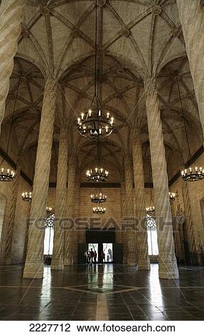 Stock Image - Spain, Interior of Gothic La Lonja building (also know as Lonja de la Seda or Silk exchange); Valencia. Fotosearch