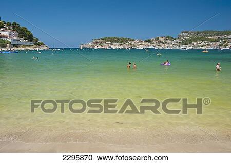 Stock Image - Spain, Looking across bay of Port Soller; Majorca. Fotosearch