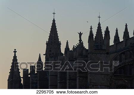 Stock Photography - Spain, Majorca, Detail of cathedral at dusk; Palma. Fotosearch