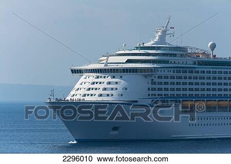 Stock Image - Spain, Majorca, Large cruise ship approaching port; Palma. Fotosearch