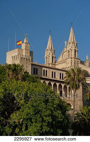 Stock Photo - Spain, Majorca, Palau de l'Almudaina with cathedral behind; Palma. Fotosearch