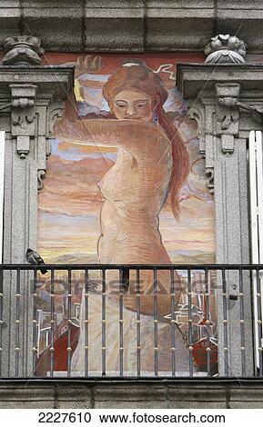 Stock Image - Spain, Painted facades of Plaza Mayor; Madrid. Fotosearch