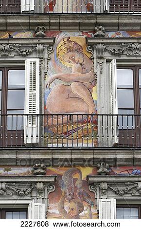 Stock Photo - Spain, Painted facades of Plaza Mayor; Madrid. Fotosearch