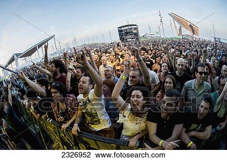 Stock Image - Spain, Parc del Forum; Barcelona, Crowd screaming in Primavera Sound music festival. Fotosearch