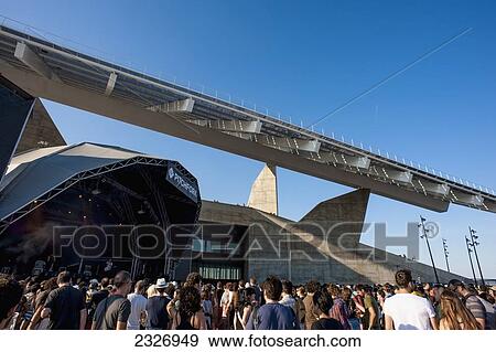 Stock Photo - Spain, Parc del Forum; Barcelona, Crowd in front of a stage at Primavera Sound music festival. Fotosearch