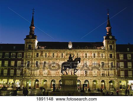 Spain, Plaza Mayor; Madrid, Statue Of King Felipe Iii At Dusk View Large Photo Image Stock Photo - Spain, Plaza Mayor; Madrid, Statue Of King Felipe Iii At Dusk. Fotosearch