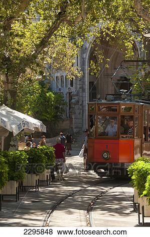 Stock Photo - Spain, Port Soller to Soller tram arriving in Soller; Majorca. Fotosearch