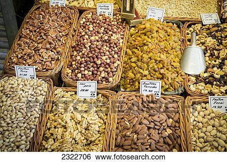 Stock Photograph - Spain, Traditional products in el Mercat de la Boqueria in La Rambla; Barcelona. Fotosearch