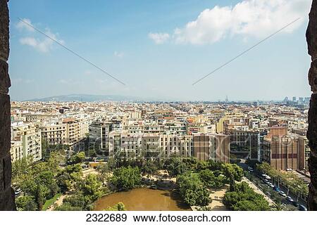 Spain, View of city apartment buildings; Barcelona View Large Photo Image Stock Photo - Spain, View of city apartment buildings; Barcelona. Fotosearch