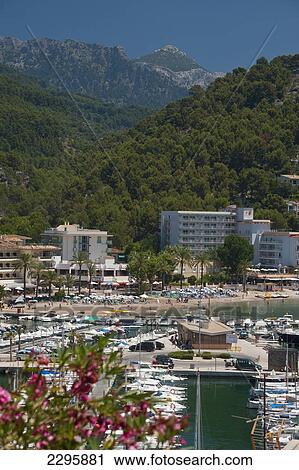 Stock Image - Spain, View on harbor and beach of Port Soller; Majorca. Fotosearch