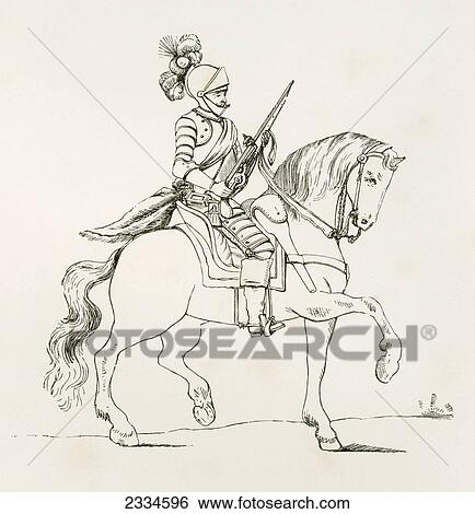 Stock Photograph - Span Your Pistol. 17Th Century Cuirassier At Pistol Excerise. From The British Army: It's Origins, Progress And Equipment, Published 1868.. Fotosearch
