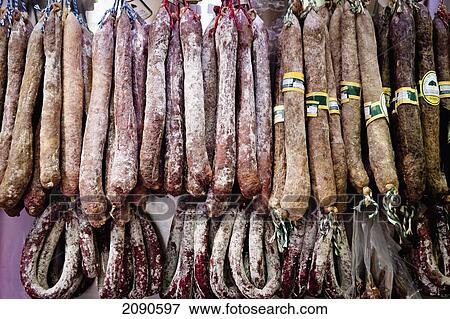 Stock Photo - Spanish Sausages And Pepperoni Hanging In Store At Bilbao, Basque Country, Spain. Fotosearch