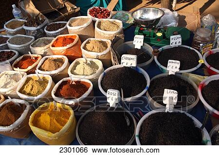 Stock Photograph - Spice and teas at world famous Anjuna Flea Market, held on Wednesdays on Anjuna Beach, Goa State, India, Asia.. Fotosearch