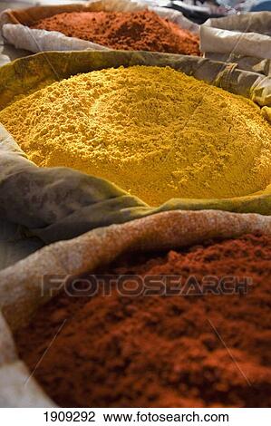 Stock Image - Spices For Sale In Souk, Marrakesh, Morocco. Fotosearch