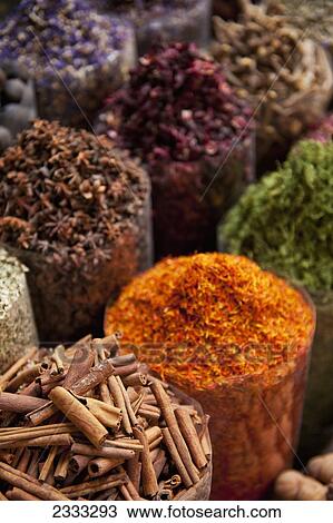 Stock Image - Spices For Sale In Spice Market; Dubai, United Arab Emirates. Fotosearch