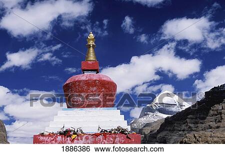 Stock Photograph - Spire Of Buddhist Chorten Kangnyi And Sacred Mount Kailash. Fotosearch