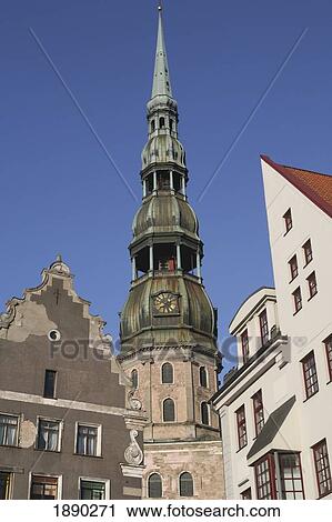 Stock Image - Spire Of St Peter's Church In Old Town. Fotosearch