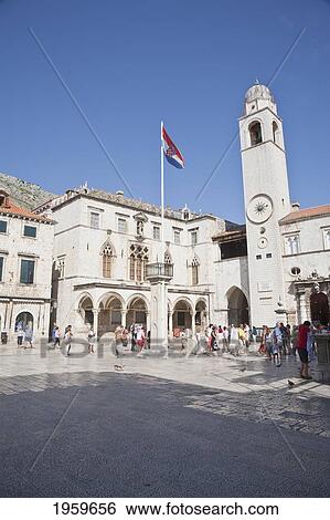 Stock Photograph - Sponza Palace And Bell Tower, Dubrovnik, Dubrovnik-Neretva, Croatia. Fotosearch
