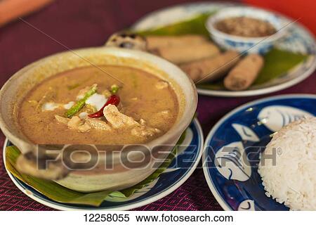 Stock Photography - Spring rolls and curry, Khmer style; Siem Reap, Cambodia. Fotosearch