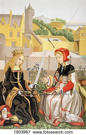 Stock Photo - St. Catherine Of Alexandria And St. Agnes Of Rome, After A Work Attributed To Marguerite Van Eyck. From Les Artes Au Moyen Age, Published Paris 1873.. Fotosearch