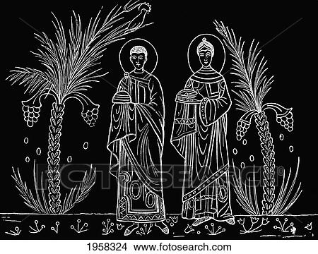 Picture - St. Cecilia And Her Husband Valerian. After A 3Rd Or 4Th Century Mosaic Preserved In The Church Of St. Cecilia, Rome. From Military And Religious Life In The Middle Ages By Paul Lacroix Published London Circa 1880.. Fotosearch