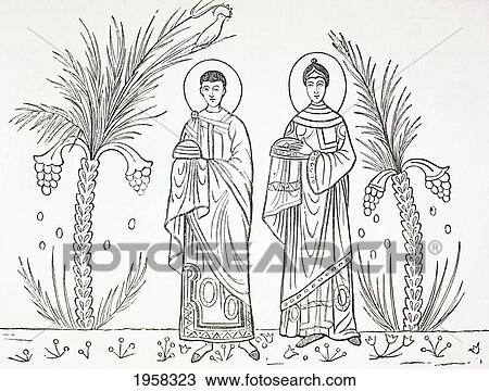 Stock Image - St. Cecilia And Her Husband Valerian. After A 3Rd Or 4Th Century Mosaic Preserved In The Church Of St. Cecilia, Rome. From Military And Religious Life In The Middle Ages By Paul Lacroix Published London Circa 1880.. Fotosearch