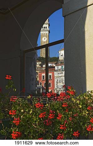 St. George Church Through Window With Flower Box, Piran, Slovenia View Large Photo Image Stock Photo - St. George Church Through Window With Flower Box, Piran, Slovenia. Fotosearch