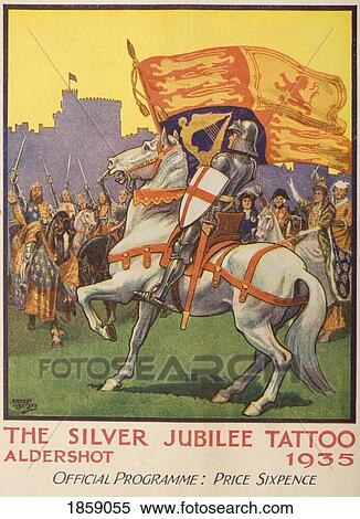 Stock Photography - St George With Royal Standard & Shield With Cross Of St George From Silver Jubilee Tattoo Aldershot Official Programme 1935 Artist Ernest Ibbetson. Fotosearch