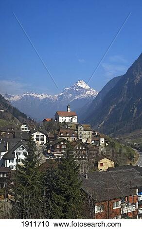 Stock Image - St Gotthard Village, Elevated View, Wassen, Canton Of Uri, Switzerland. Fotosearch