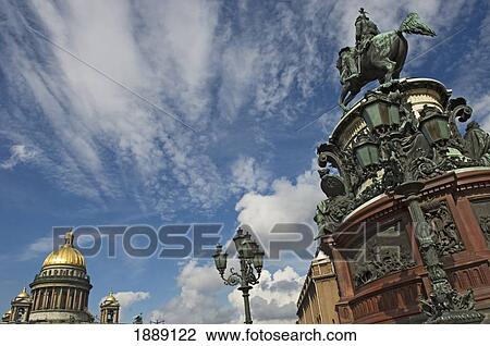 Stock Image - St Isaac's Cathedral, Statue And Lamp Post. Fotosearch