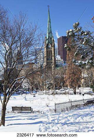 Stock Photo - St james park and st james cathedral with financial district in winter; Toronto ontario canada. Fotosearch