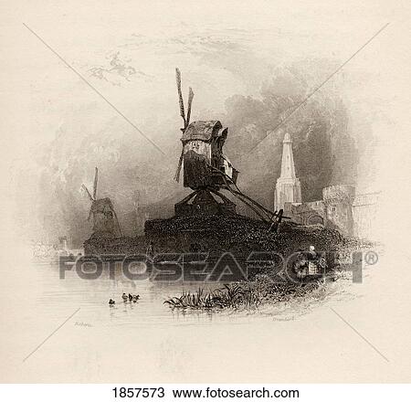 Stock Image - St. Janshuis Mill, Bruges, Holland. Engraved By R. Brandard From A 19Th Century Print By D. Roberts.. Fotosearch