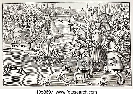 Stock Photo - St Louis, King Louis Ix Of France, Disembarks In Carthage In 1270 During The 8Th Crusade. From Military And Religious Life In The Middle Ages By Paul Lacroix Published London Circa 1880.. Fotosearch