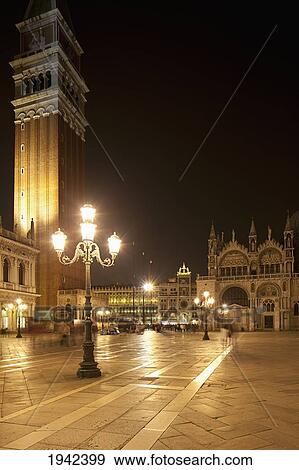 St. Mark's Square And St. Mark's Basilica And Bell Tower At Night; Venice Italy View Large Photo Image Stock Photo - St. Mark's Square And St. Mark's Basilica And Bell Tower At Night; Venice Italy. Fotosearch