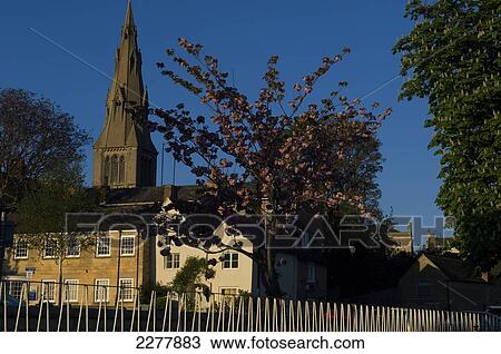 Stock Image - St Mary's Church viewed from the River Welland; Stamford, Lincolnshire, England. Fotosearch