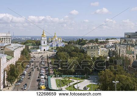 Stock Photo - St Michael's Monastery seen from the bell tower of St Sophia's cathedral; Kiev, Ukraine. Fotosearch
