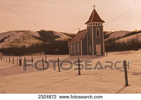 Stock Image - St. Nicholas Church in winter; Qu'Appelle Valley, Saskatchewan, Canada. Fotosearch