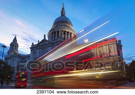 Picture - St. Paul's Cathedral and light trails from a bus passing on the street in front; London, England. Fotosearch