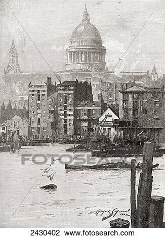 Stock Image - St. Paul's Cathedral from the Surrey shore, London, England in the 19th century. From Cities of the World, published c. 1893.. Fotosearch