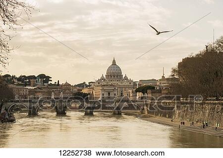 Stock Photo - St. Peter's basilica and River Tiber; Rome, Lazio, Italy. Fotosearch
