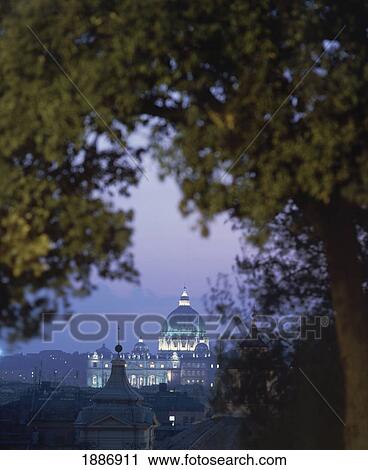 Stock Image - St Peter's Basilica At Dusk From Villa Borghese Park. Fotosearch