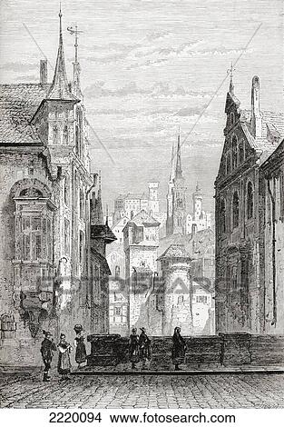 Picture - St. Sebaldus Church And Castle, Nuremberg, Germany In The 19Th Century. From Pictures From The German Fatherland Published C. 1880.. Fotosearch