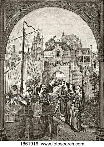 Stock Photograph - St Ursula And Her Companians Arrving At Cologne. By J. Memling After A Fragment Of The Legend Of St Ursula On The 15Th Century Reliquary Of The Saint At Bruges. From Science And Literature In The Middle Ages By Paul Lacroix Published London 1878. Fotosearch