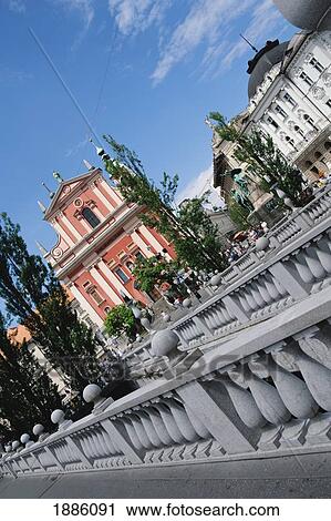 Stock Image - St. Ursula's Church And Three Bridges. Fotosearch