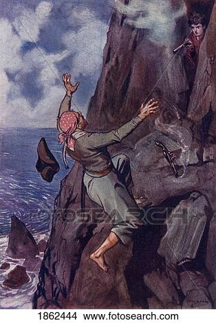 Picture - Staggering Backward From The Ledge Fell With An Awful Thud Upon The Beach Below Illustration By H M Brock From The Children's Adventure Book The Cragsmen A Story Of Smuggling Days By W Bourne Cooke Published C. 1913. Fotosearch